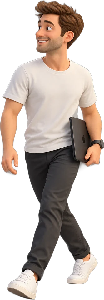 Illustration of Chris, a software developer, walking with a laptop