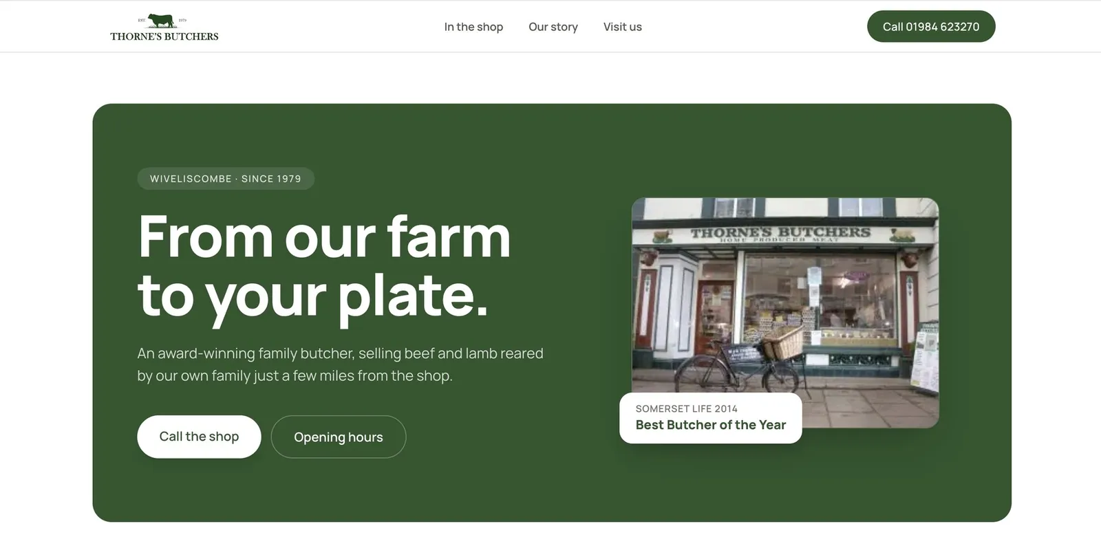 The rebuilt Thorne’s Butchers website: a green hero reading ‘From our farm to your plate’ beside a photo of the shop